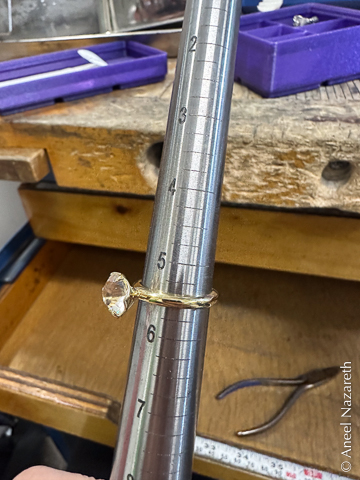 A golden ring on a sizing mandrel. The ring is at size 5.5